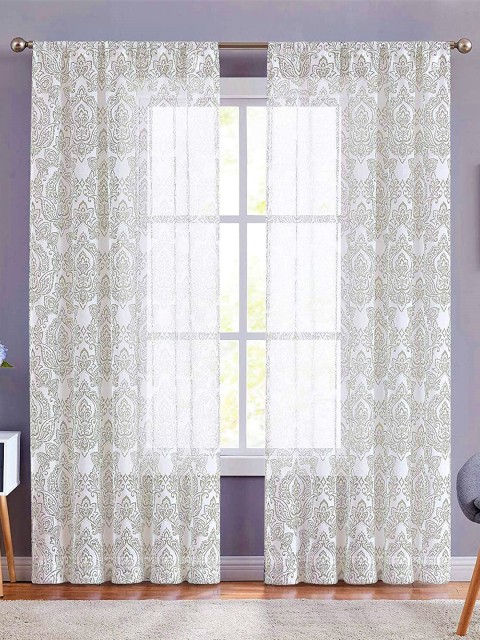 

URBAN SPACE Green & White Set of 2 Floral Sheer Window Curtain