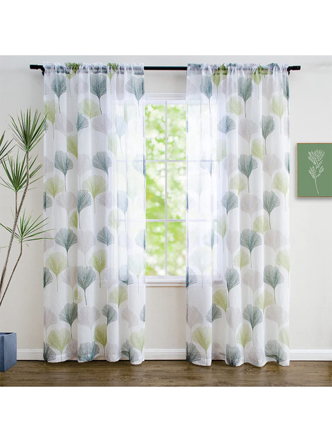 

URBAN SPACE Green & White Set of 2 Floral Sheer Window Curtain