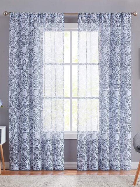 

URBAN SPACE Set Of 2 White & Blue Floral Printed Sheer Door Curtain