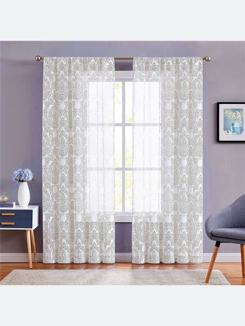 

URBAN SPACE Green & White Set of 2 Floral Sheer Long Door Curtain