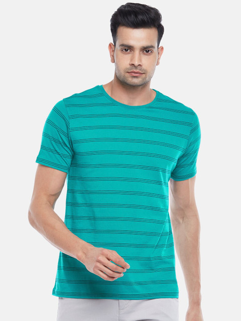 

BYFORD by Pantaloons Men Green Striped Pure Cotton Slim Fit T-shirt