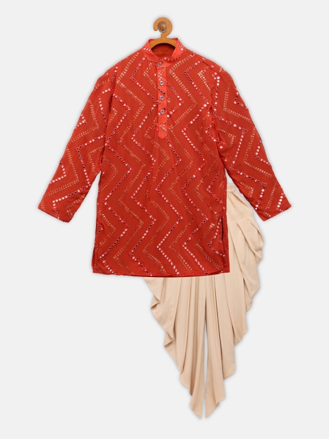 

MAXENCE Boys Orange Embroidered Mirror Work Kurta with Dhoti Pants