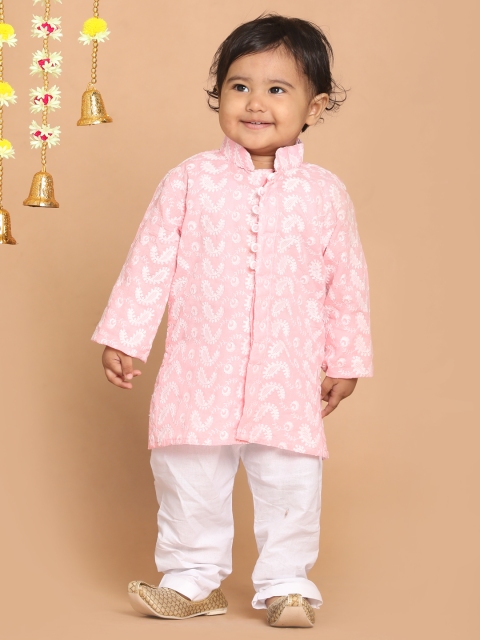 

VASTRAMAY SISHU Boys Pink Bandhani Printed Angrakha Chikankari Pure Cotton Kurti with Skirt