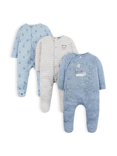 

mothercare Infant Boys Pack of 3 Pure Cotton Sleepsuits in Blue & Grey