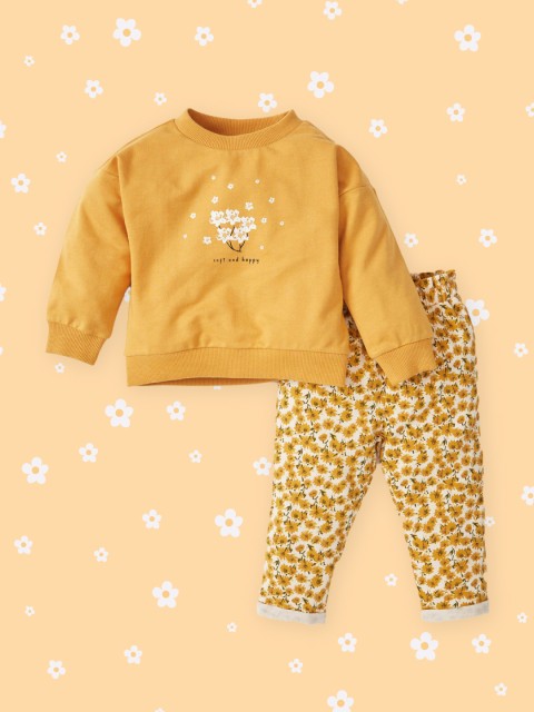 

DeFacto Girls Mustard Yellow & White Floral Cotton Printed Co-ord Set