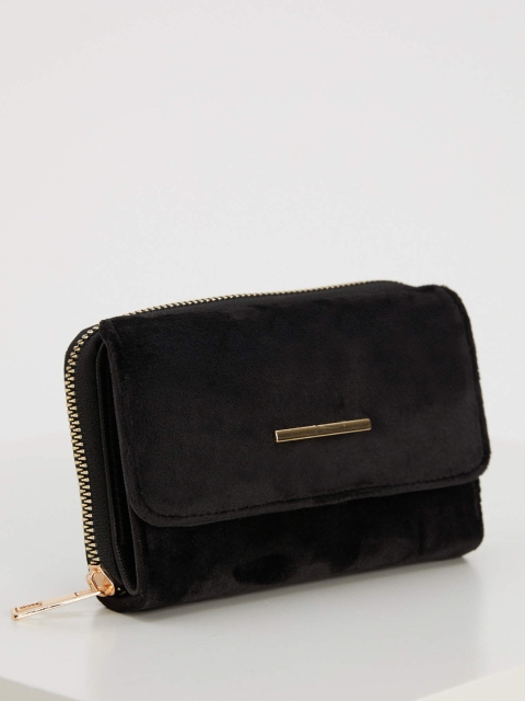 

DeFacto Women Black Solid Zip Around Wallet with Suede Finish