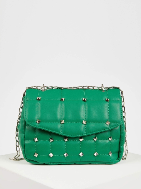 

DeFacto Green Studs Embellished Structured Sling Bag with Quilted Detail