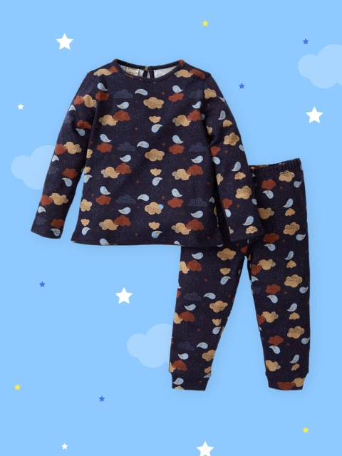 

DeFacto Girls Navy Blue & Beige Cotton Printed Pyjama Set