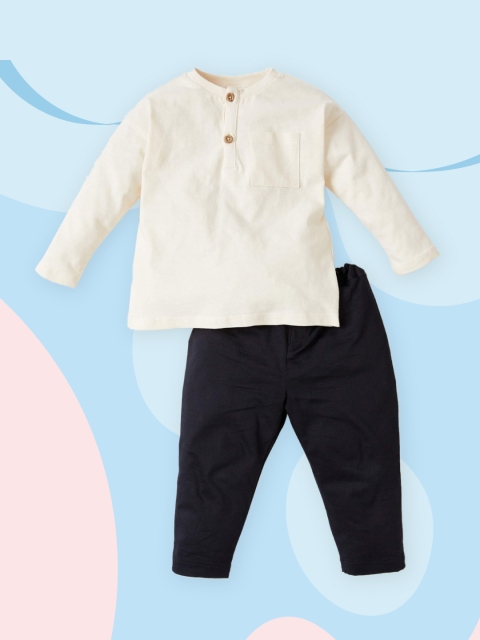 

DeFacto Boys Off-White & Navy Blue Pure Cotton Solid T-shirt with Trousers