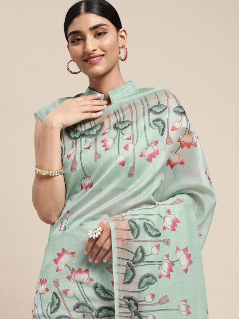 

Satrani Sea Green & Grey Floral Print Saree