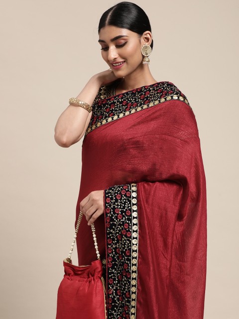 

Satrani Maroon & Gold-Toned Floral Emboidered Saree