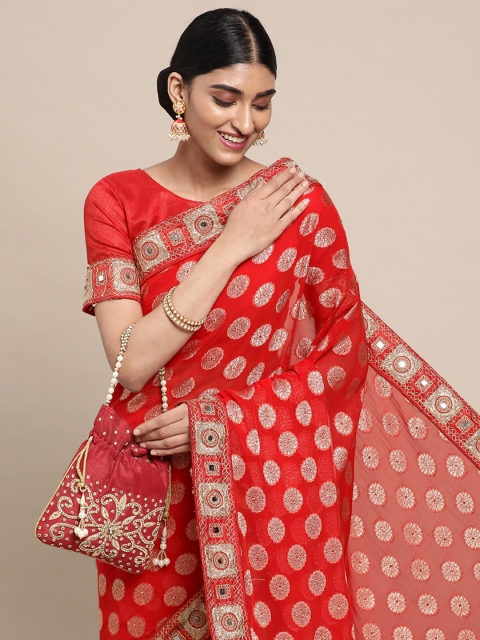 

Satrani Red & Gold-Toned Floral Woven Design Mirror Work Saree