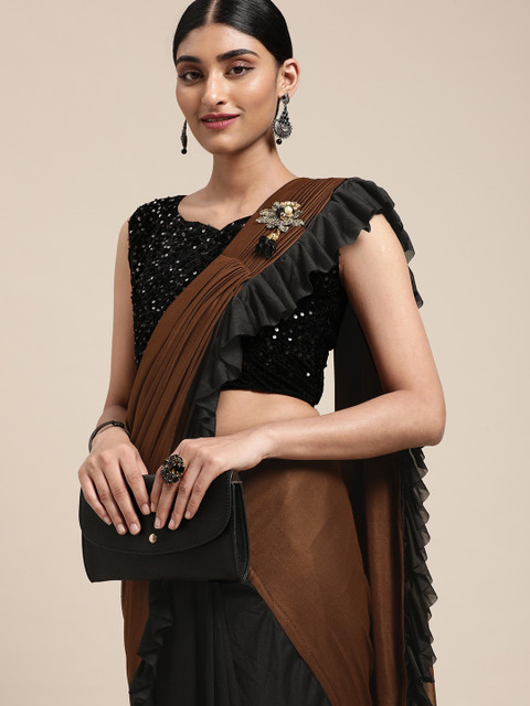 

Satrani Black & Brown Solid Ruffles Saree
