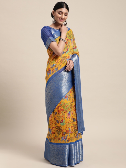 

Satrani Yellow & Blue Ethnic Motifs Print Saree