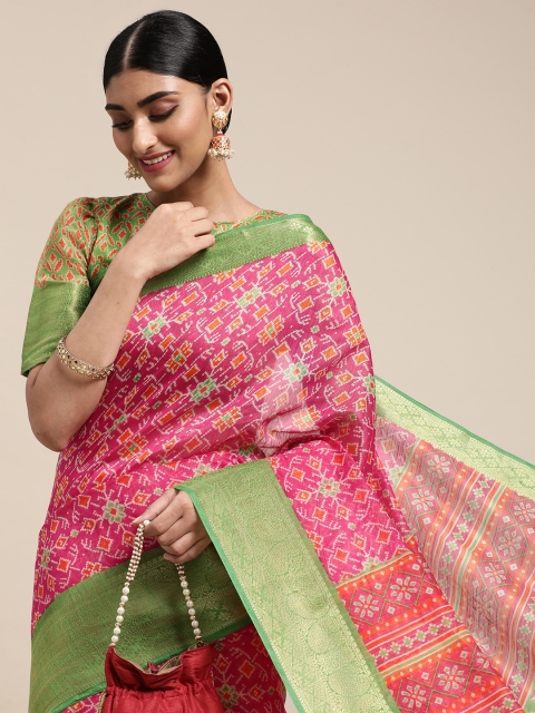 

Satrani Pink & Green Ethnic Motifs Print Saree