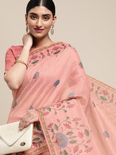 

Satrani Pink & Green Floral Print Saree