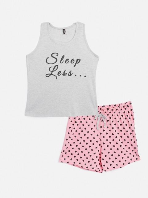 

GAME BEGINS Girls Grey Melange & Pink Printed Cotton T-shirt and Shorts