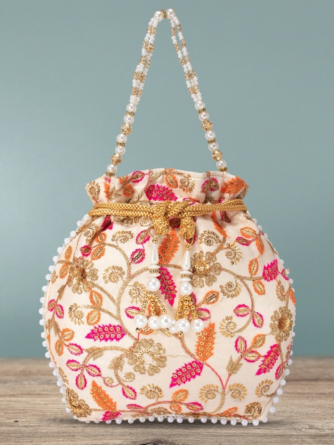

Peora Off White & Gold-Toned Embroidered Embellished Potli Clutch