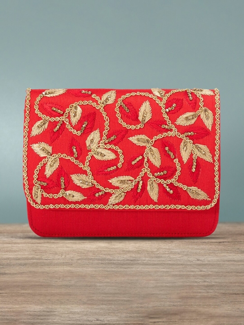 

Peora Red & Gold-Toned Embroidered Embellished Handmade Bridal Purse Clutch