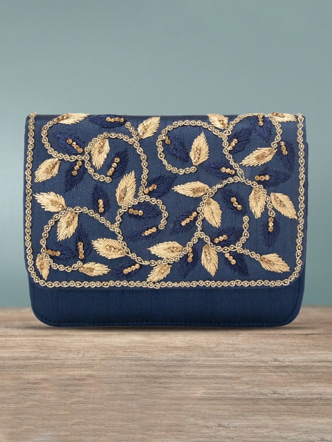 

Peora Blue & Gold-Toned Handmade Embroidered Bridal Purse Clutch