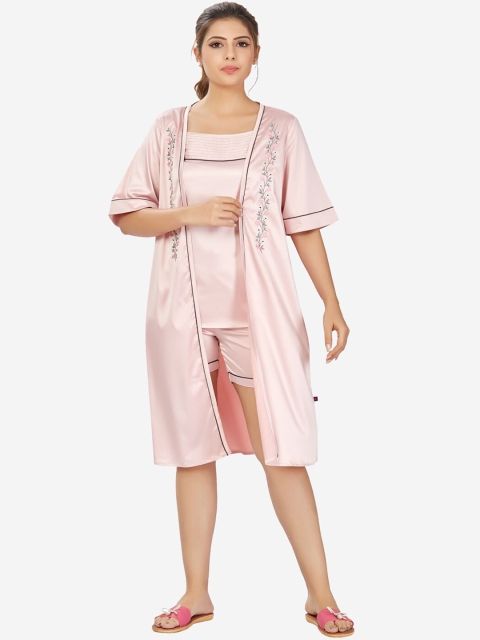 

July Nightwear Women Satin Pink & Black Night suit With Shrug