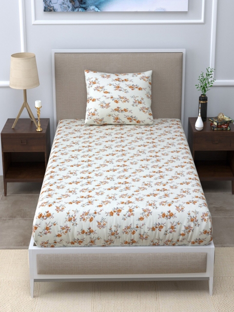 

LINENWALAS Happy Sleeping White & Mustard Floral 300 TC Single Bedsheet with 1 Pillow Covers