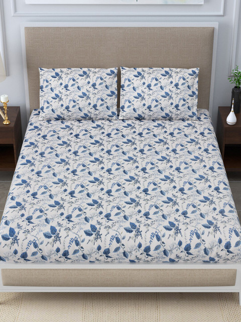 

LINENWALAS Happy Sleeping Blue & White Floral 300 TC King Bedsheet with 2 Pillow Covers