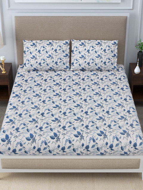 

LINENWALAS Happy Sleeping Blue & Grey Floral 300 TC Queen Bedsheet with 2 Pillow Covers