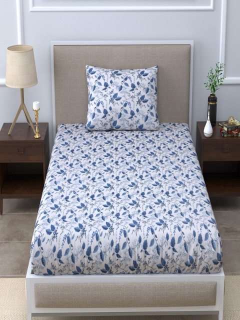 

LINENWALAS Happy Sleeping Blue & White Cotton 300 TC Single Bedsheet 1 Pillow Covers