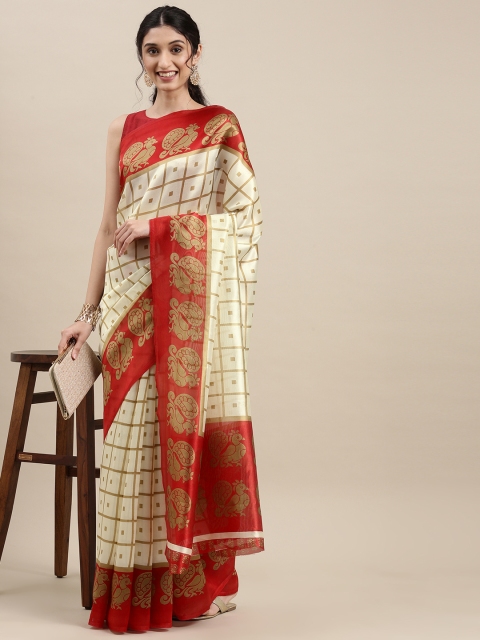 

KALINI Women White & Red Paisley Art Silk Saree