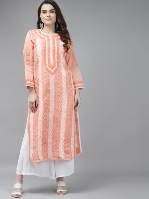 

ADA Women Peach-Coloured & Off White Cotton Chikankari Embroidered Kurta