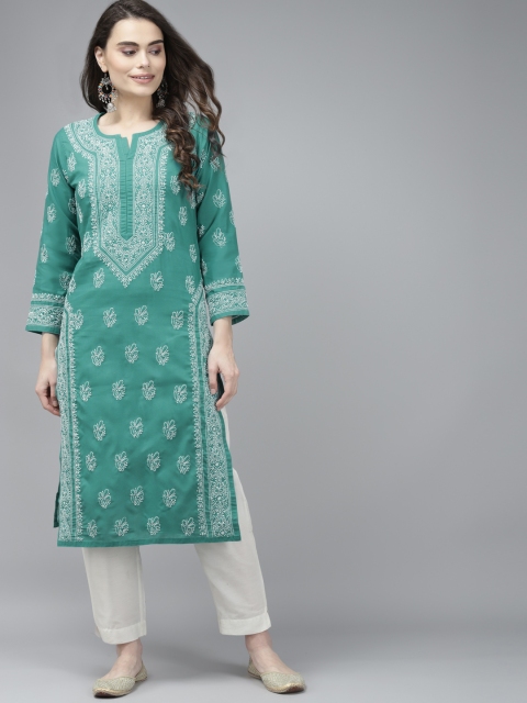 

ADA Women Green & White Ethnic Motifs Chikankari Cotton Kurta