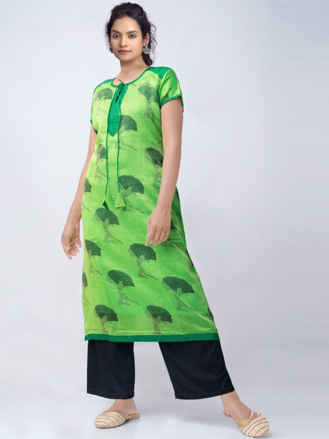 

Unnati Silks Women Green Printed Thread Work Handloom Kurta