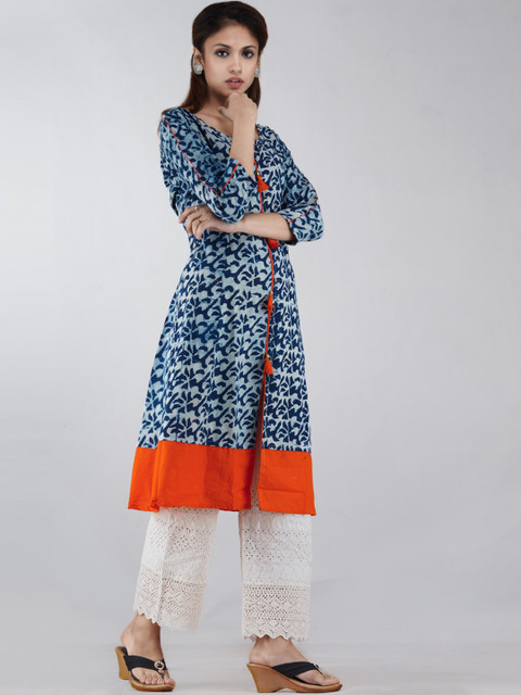 

Unnati Silks Women Blue Dyed Thread Work Handloom Kurta