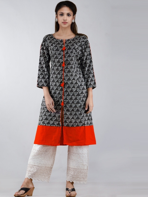 

Unnati Silks Women Grey Geometric Printed Thread Work Handloom Kurta