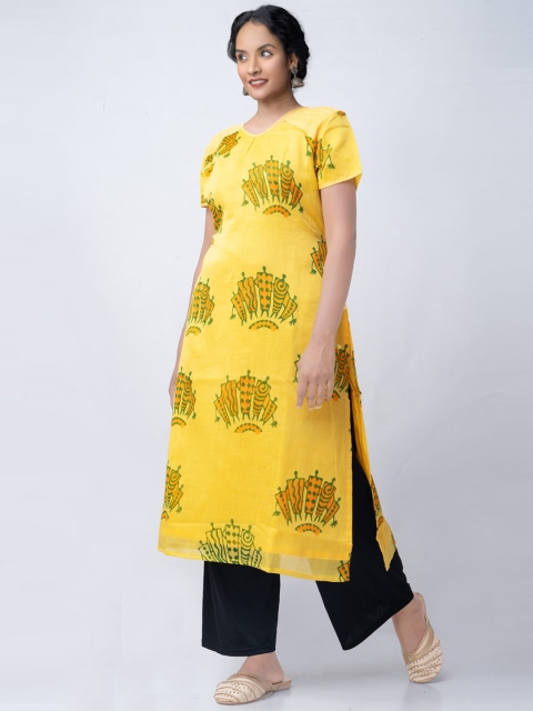 

Unnati Silks Women Yellow Floral Printed Thread Work Handloom Kurta