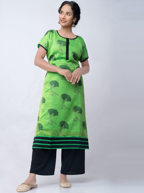 

Unnati Silks Women Green Printed Thread Work Handloom Kurta