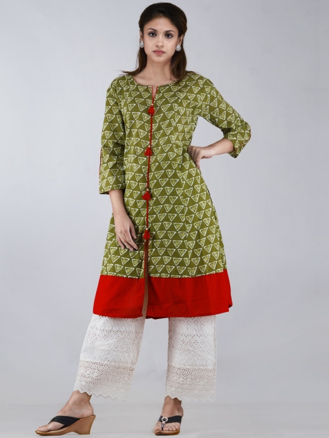 

Unnati Silks Women Green Geometric Printed Handloom Anarkali Kurta