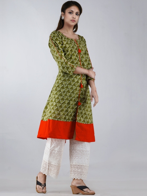 

Unnati Silks Women Green Embroidered Thread Work Handloom Kurta