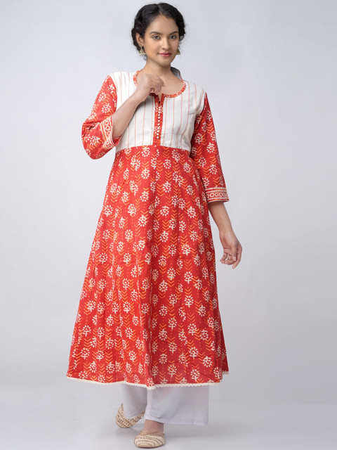 

Unnati Silks Women Red Ethnic Motifs Printed Flared Sleeves Mirror Work Handloom Anarkali Kurta