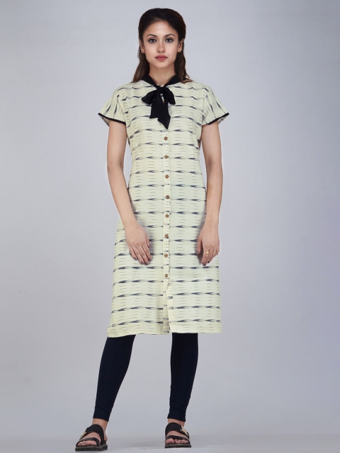 

Unnati Silks Women Cream-Coloured Dyed Thread Work Handloom Kurta