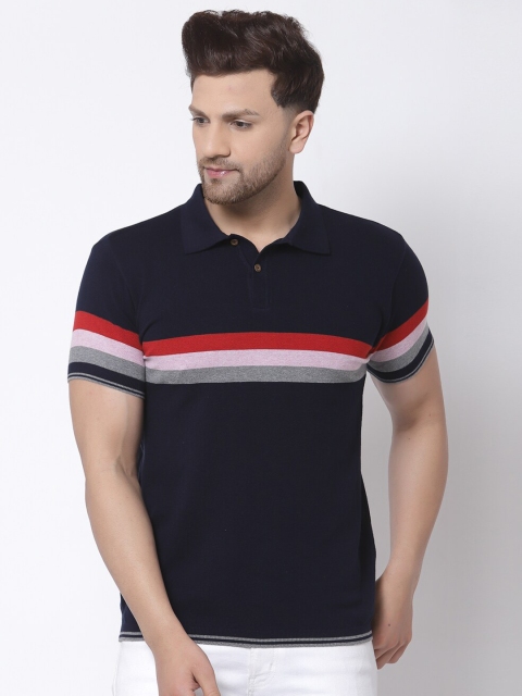 

Kalt Men Navy Blue & Red Striped Polo Collar T-shirt