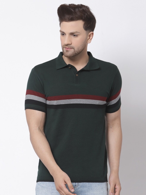 

Kalt Men Green Striped Polo Collar T-shirt