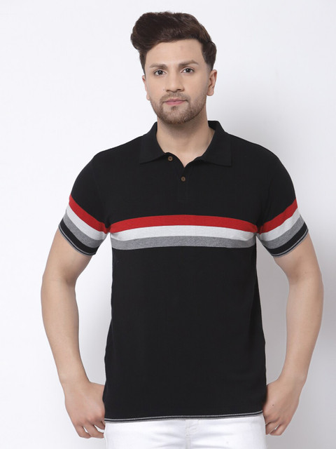 

Kalt Men Black Striped Polo Collar T-shirt