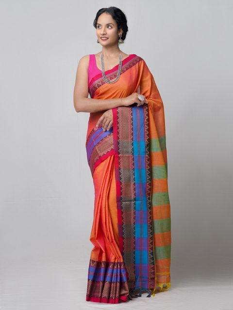 

Unnati Silks Orange & Blue Woven Design Pure Cotton Kanjeevaram Saree
