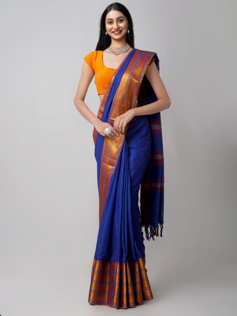 

Unnati Silks Blue & Orange Woven Design Pure Handloom Pure Cotton Narayan peth Saree