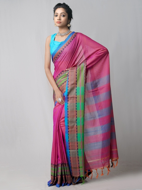 

Unnati Silks Pink & Green Striped Pure Cotton Handloom Kanjeevaram Saree