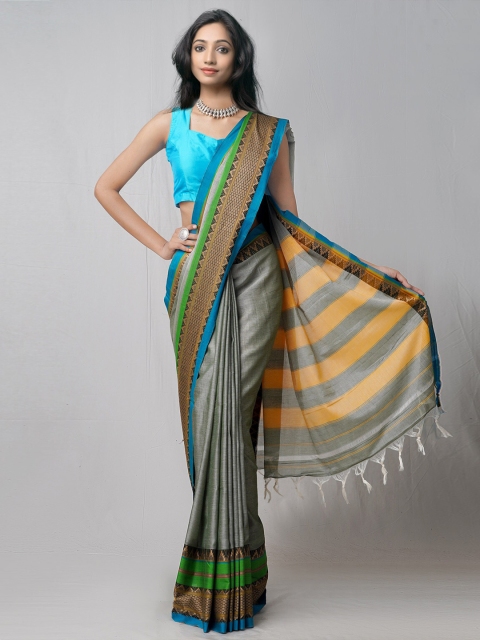 

Unnati Silks Grey & Green Woven Design Pure Cotton Kanjeevaram Handloom Saree