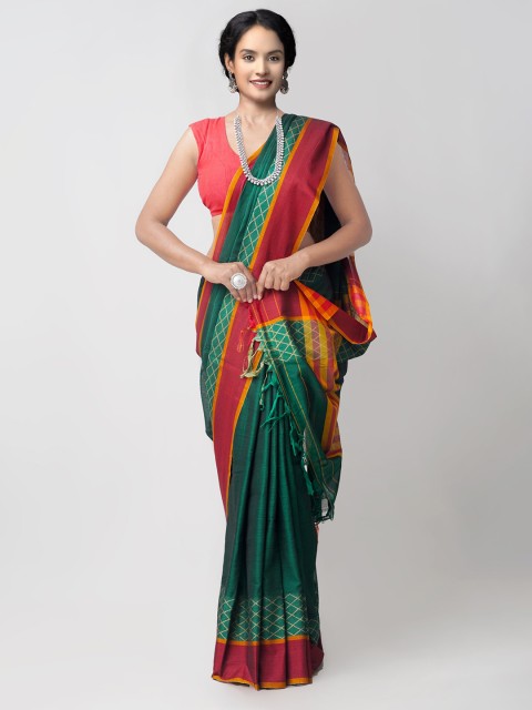 

Unnati Silks Green & Orange Striped Handloom Pure Cotton Chettinad Saree