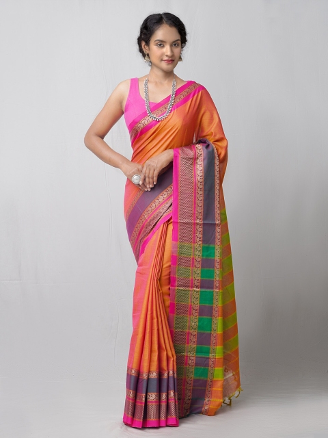 

Unnati Silks Orange & Green Woven Design Pure Cotton Kanjeevaram Saree